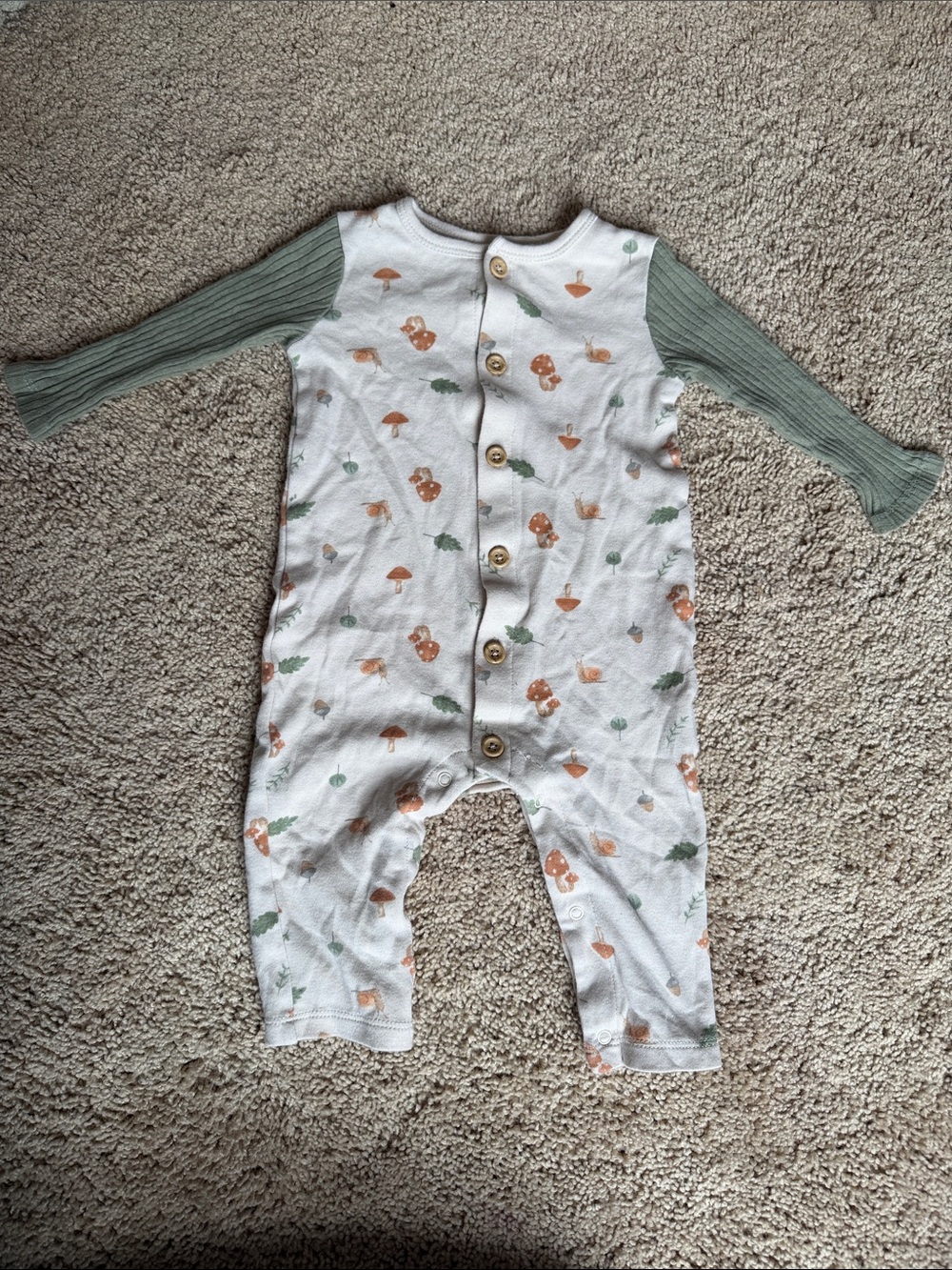 Rabbit + Bear Baby Mushroom-Print One-Piece Romper with Sage Sleeves